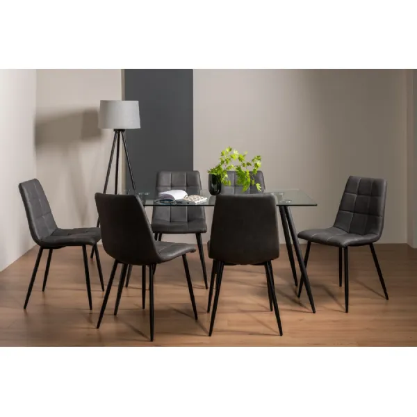 Glass Dining Table Set 6 Dark Grey Leather Chairs