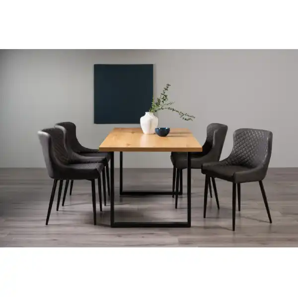 Oak Dining Table Set 4 Dark Grey Leather Chairs