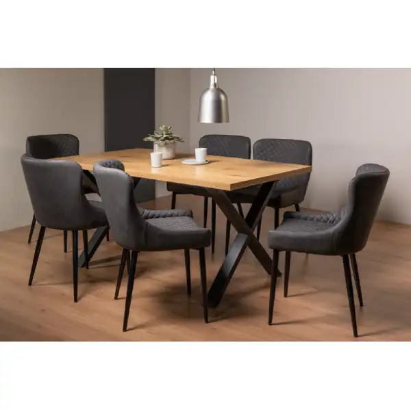 Rustic Oak Dining Table Set 6 Grey Leather Dining Chairs