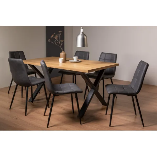 Rustic Oak Dining Table Set 6 Dark Grey Leather Chairs
