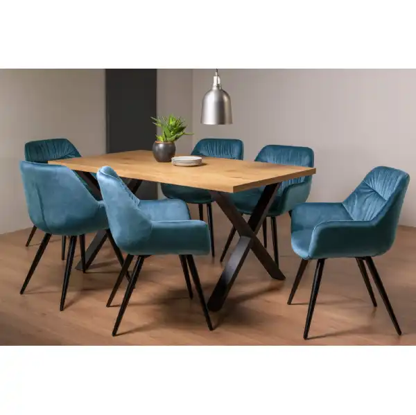 Rustic Oak Dining Table Set 6 Blue Velvet Fabric Chairs