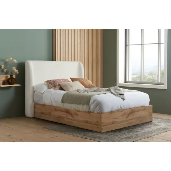 Wooden Double Ottoman Bed White Fabric Wingback Headboard