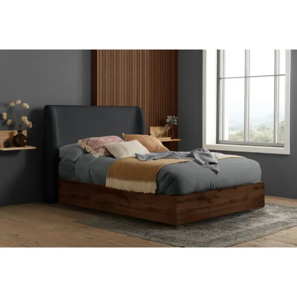 Dark Oak King Size Ottoman Bed Grey Fabric Headboard