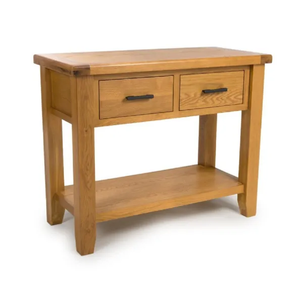 Solid Oak 2 Drawer Console Table Natural Finish with Shelf