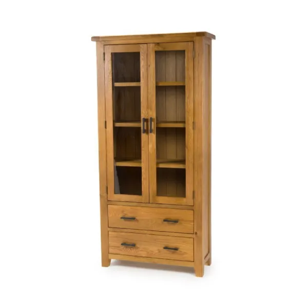 Solid Oak Glazed 2 Door 2 Drawer Display Cabinet