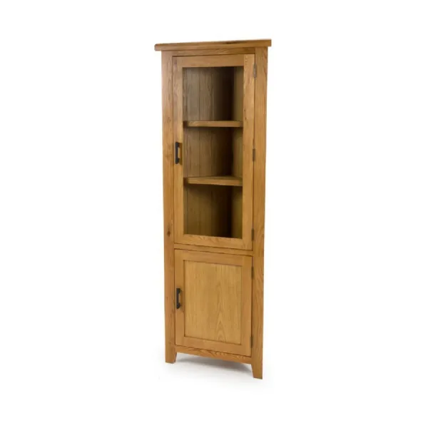 Solid Oak Glazed 2 Door 2 Shelf Corner Display Cabinet