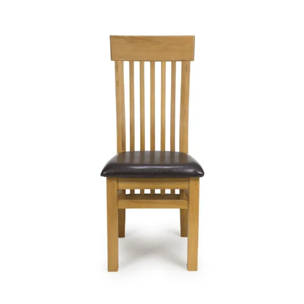 Tall Oak Carved Slat Back Dining Chair Black Leather Seat Cushion