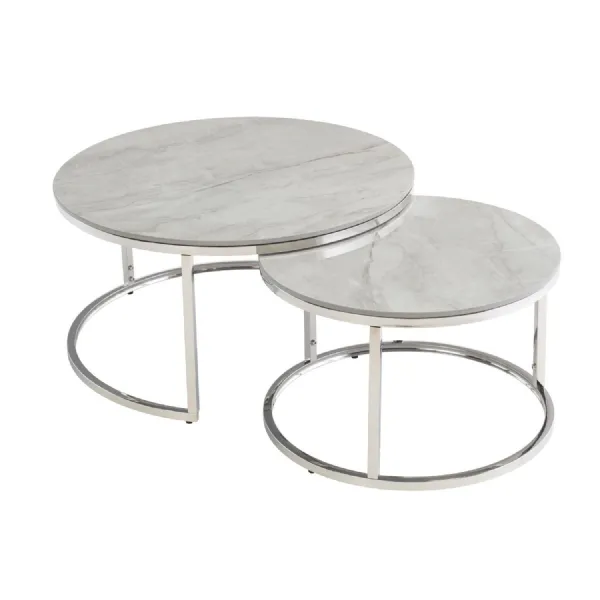 Grey Marble Effect Chrome Round Nest of 2 Coffee Tables