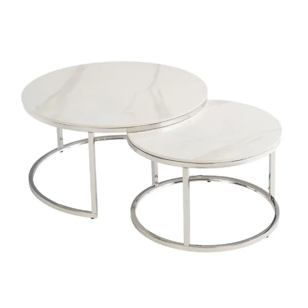White Marble Effect Chrome Round Nest of 2 Coffee Tables