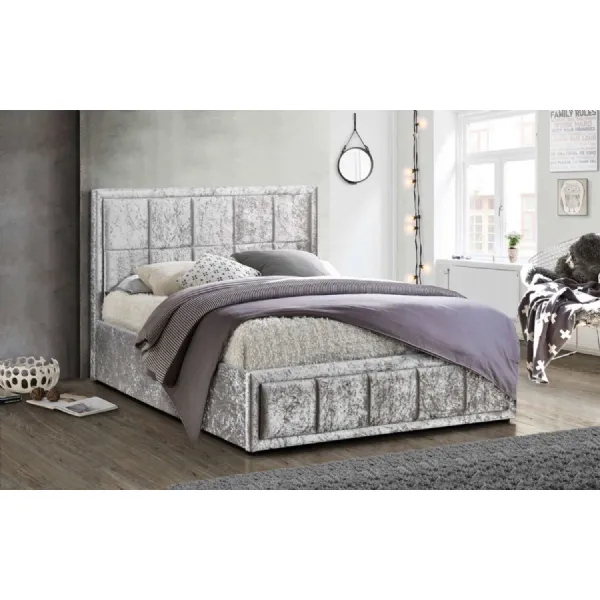 Grey Crushed Fabric Double Ottoman Bed Padded Headboard