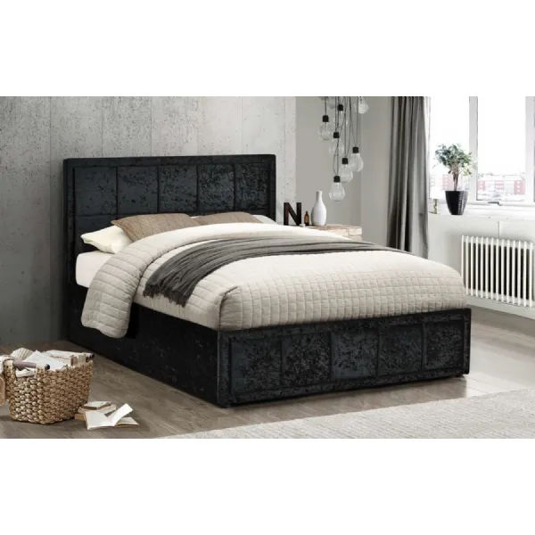Black Fabric Small Double Ottoman Bed Padded Headboard