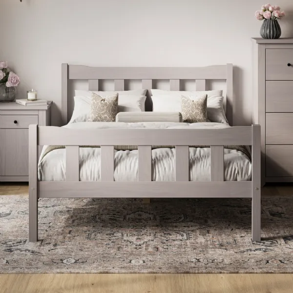 Modern Grey Solid Pine 4ft6 Double Bed with Slatted Headboard