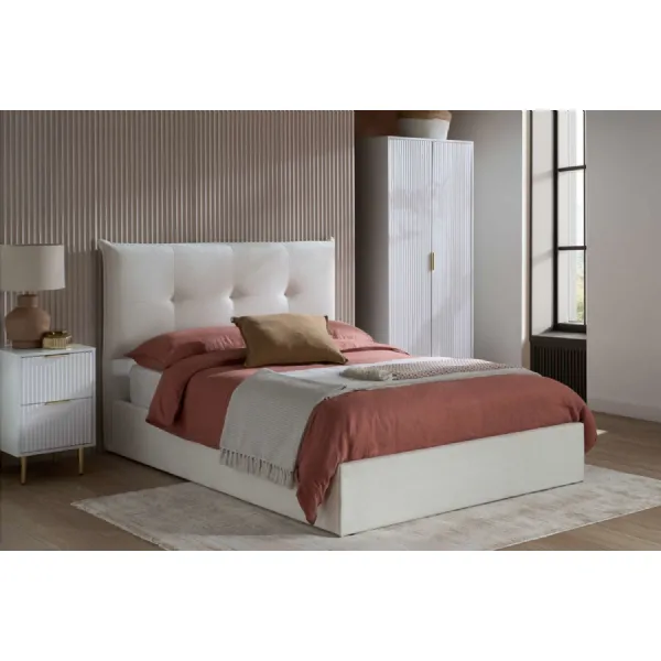 White Fabric King Size Ottoman Bed Buttoned Headboard