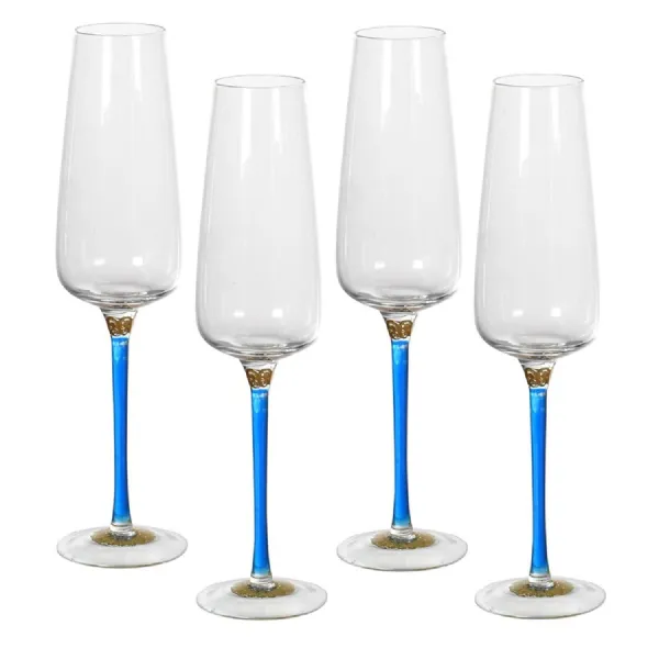 Set of 4 Blue and Gold Stem Champagne Glasses