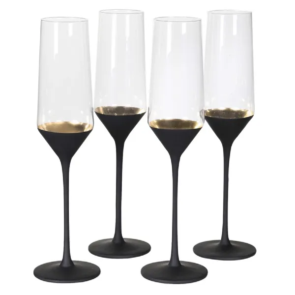 Set of 4 Black and Gold Stem Champagne Glasses