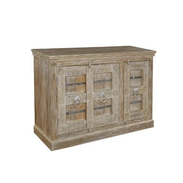Hand Carved Distressed Mango Wood 3 Door Sideboard