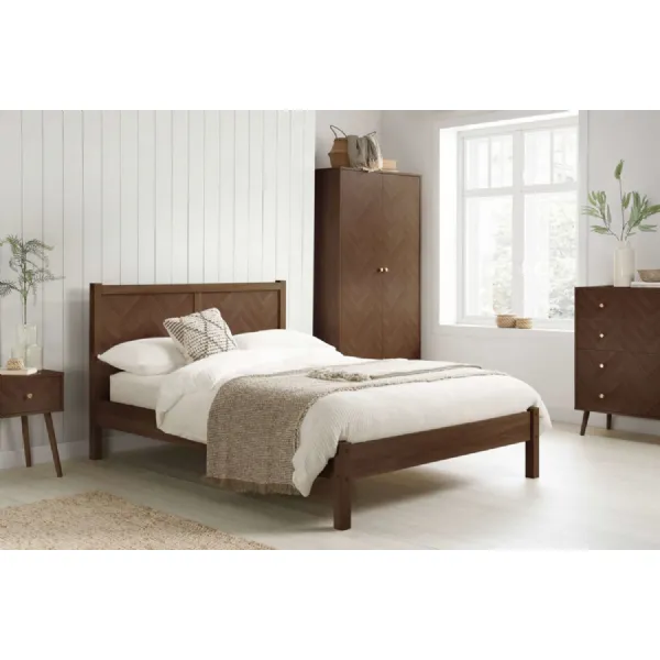 Walnut Effect Wood King Size Bed Chevron Headboard