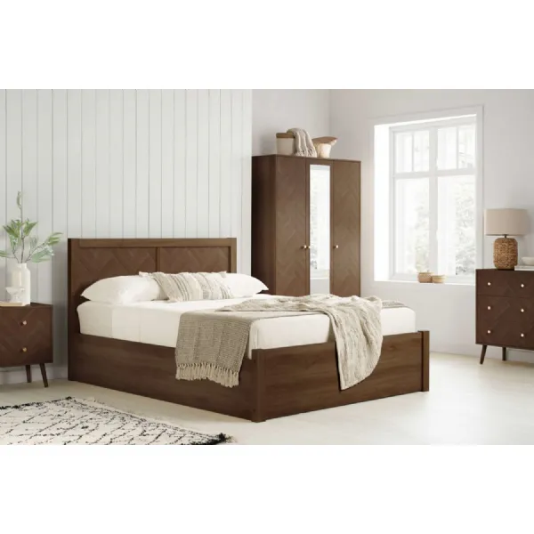 Walnut Effect Wood King Size Ottoman Bed Chevron Headboard