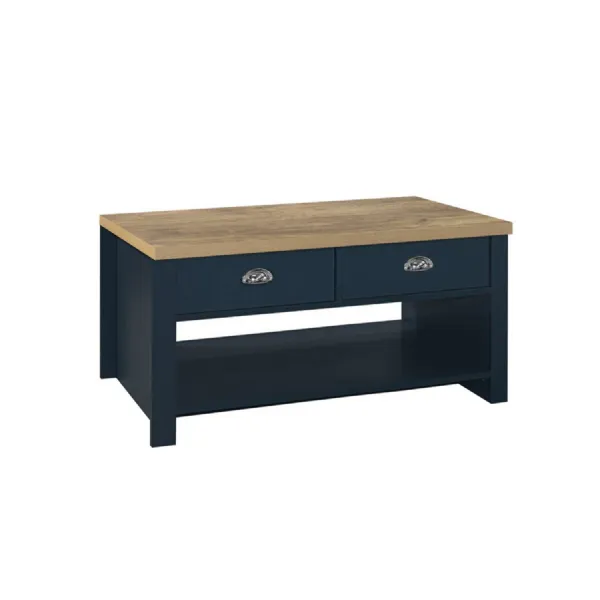 Highgate 2 Drawer Coffee Table Navy Blue & Oak Effect
