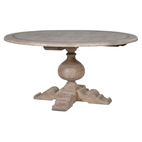 Greywash Round Heavy Turned Solid Wood Chunky Dining Table