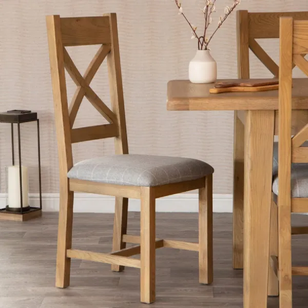 Oak Bistro Dining Chair Grey Check Fabric Seat Pad