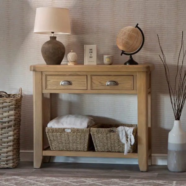 Oak Wood 2 Drawer Console Table with Shelf
