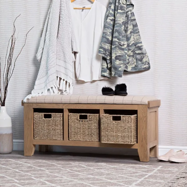 Oak Storage Bench 3 Basket Drawers