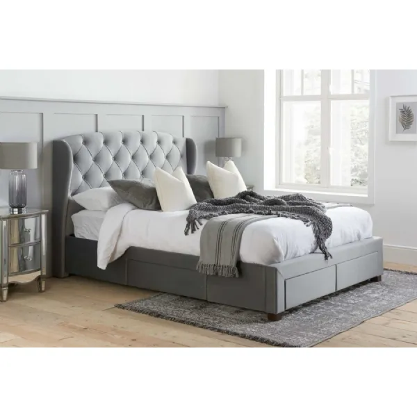 Grey Fabric 4 Drawer King Size Bed Wingback Headboard