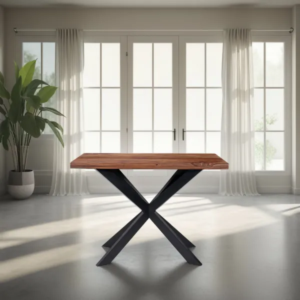 Industrial Sheesham Wood Rectangular Bar Table with Black Crossed Legs
