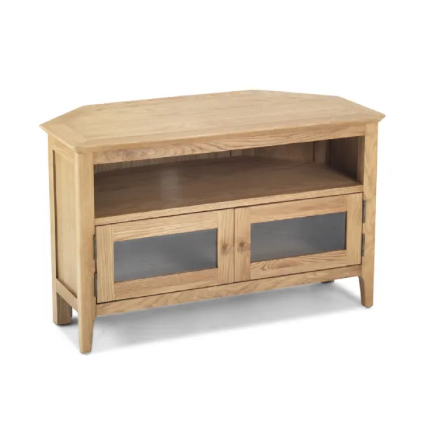 Retro Style Solid Oak Wood 2 Door Corner TV Unit with Open Shelf