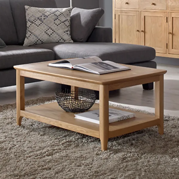 Classic Style Solid Oak Rectangular Coffee Table with Lower Shelf