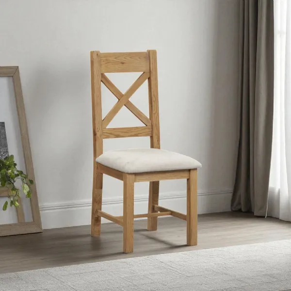 Traditional Oak Cross Back Dining Chair with Fabric Seat