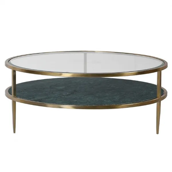 Glass Top Round Green Marble Coffee Table Gold Frame