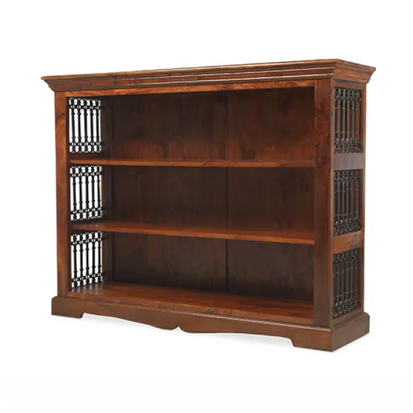 Natural Sheesham Wood 3 Shelf Low Bookcase with Iron Side Panels