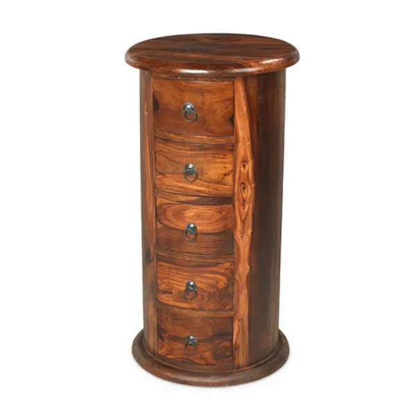 Rustic Style Sheesham Large Round Drum Chest with 5 Drawers