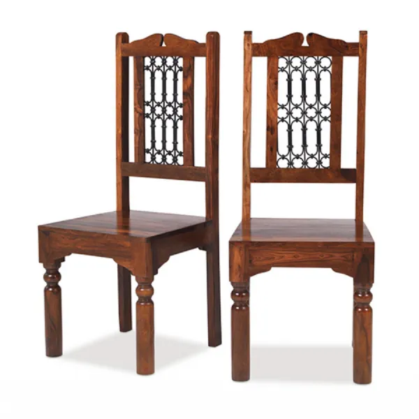 Traditional High Back Sheesham Wood Dining Chair with Iron Portcullis Detail