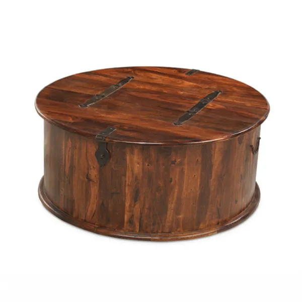 Colonial Style Solid Sheesham Wood Round Trunk Coffee Table