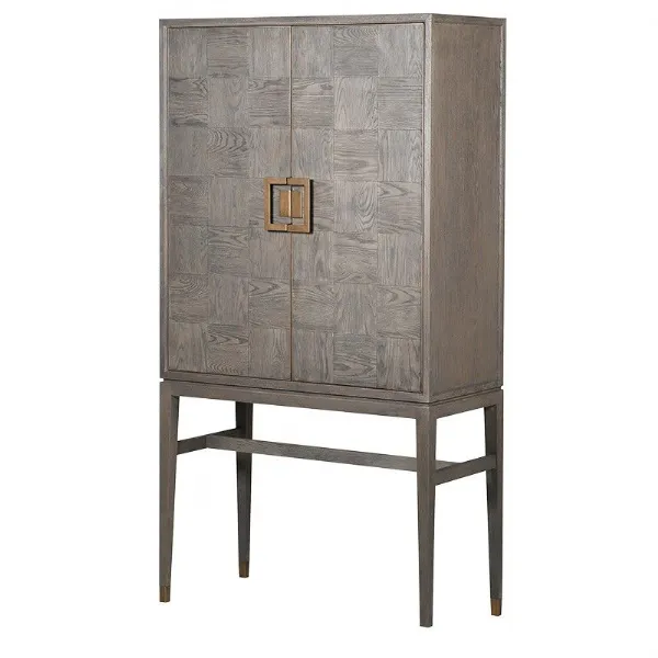Art Deco Retro Squares Grey Oak Bar Drinks Wine Cabinet With Blue Velvet Inlay