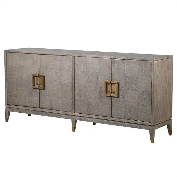 Large Art Deco Retro Chequered Design Square Pattern Oak Sideboard