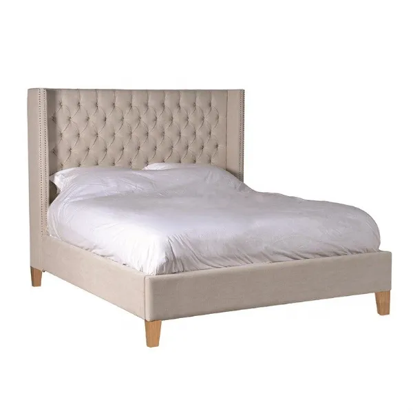 King Size 5ft Button Upholstered Beige Fabric Bed With Wooden Legs