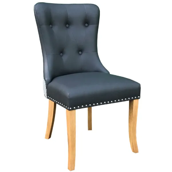 Grey Leather Effect Buttoned Back Dining Chair Oak Legs