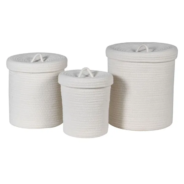 Set of 3 White Cotton Rope Lidded Baskets