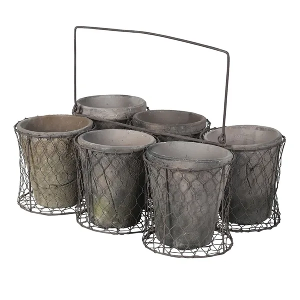 Set of Large 6 Antiqued Black Pots in Basket