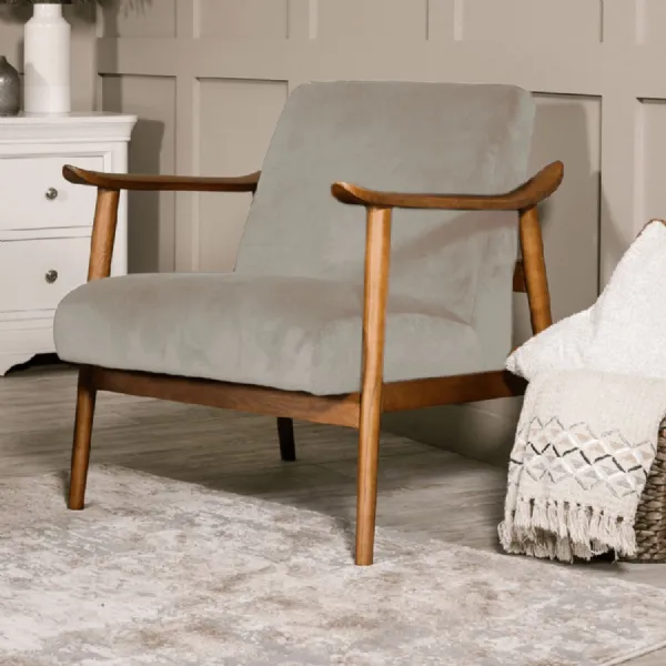 Taupe Chenille Fabric Accent Chair Rubberwood Framed
