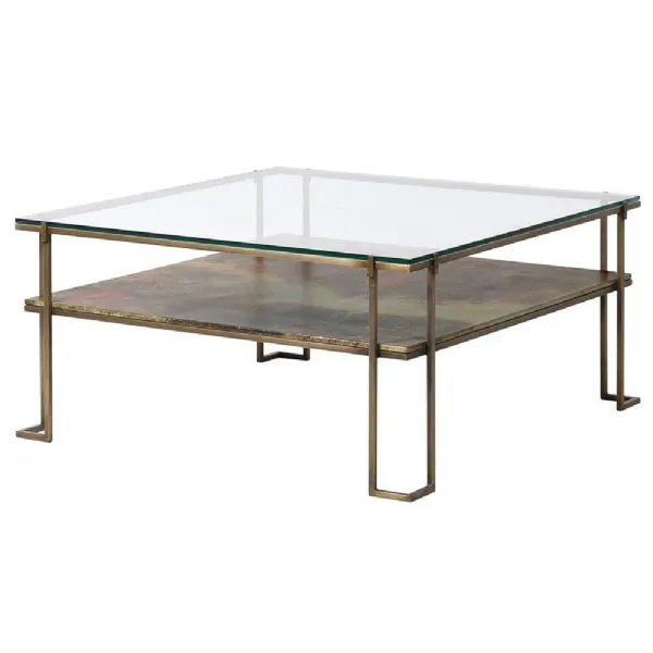 Antique Brass Square Coffee Table With Glass Top