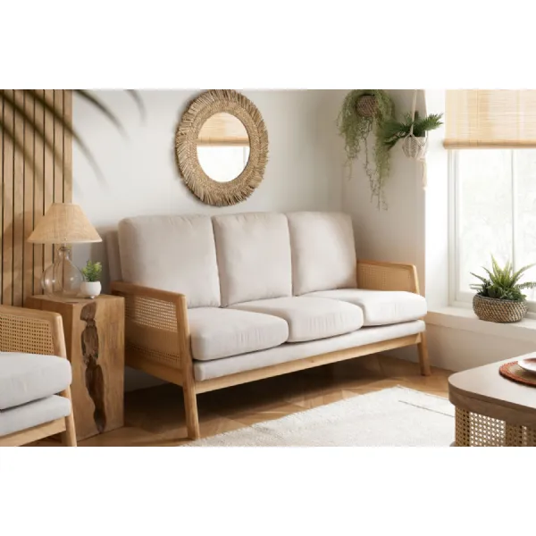 White Fabric Upholstery 3 Seater Sofa Woven Rattan Sides