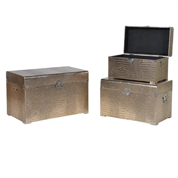 Set Of 3 Chic Art Deco Polished Gold Storage Trunks