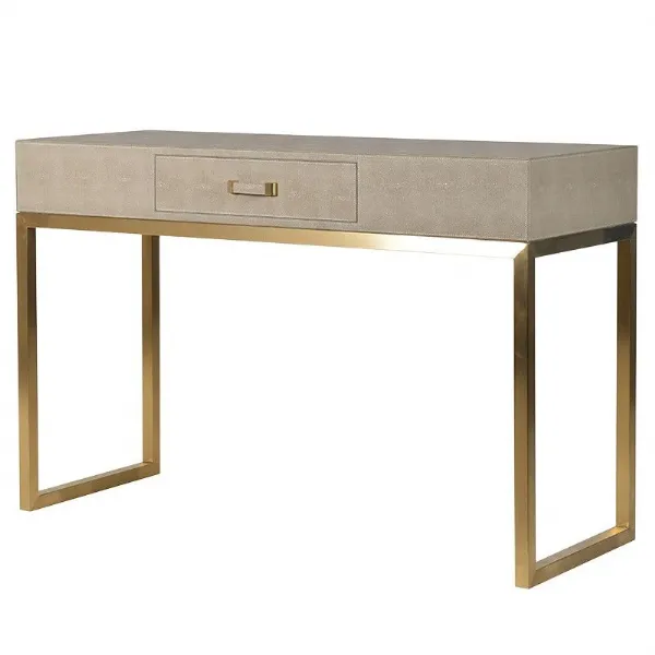 Ivory Faux Ostrich Leather Shagreen Gold Framed Console Hall Table With 1 Drawer
