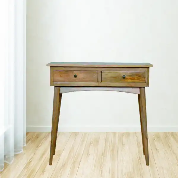 Nordic Style Solid Mango Wood And Brass 2 Drawer Living Room Console Table 78 x 90cm