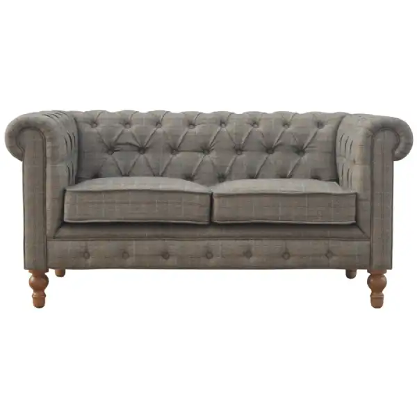Traditional Mango Wood Grey Fabric Chesterfield 2 Seater Sofa 76x150cm